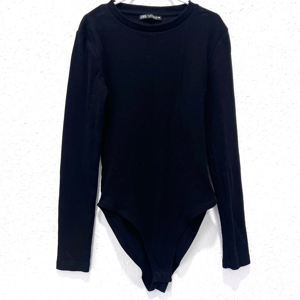 Zara long‎ sleeve Ribbed Black bodysuit Top medium